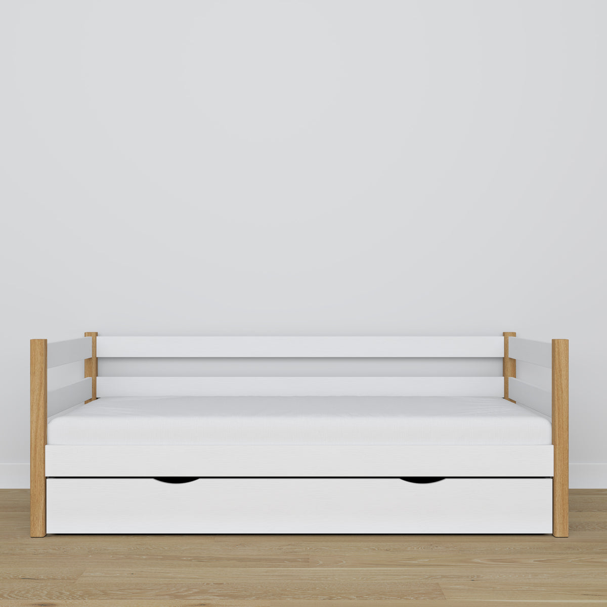 Sofabett mit Schublade weiß-eiche aus Holz – Maße und Schema, Nizio