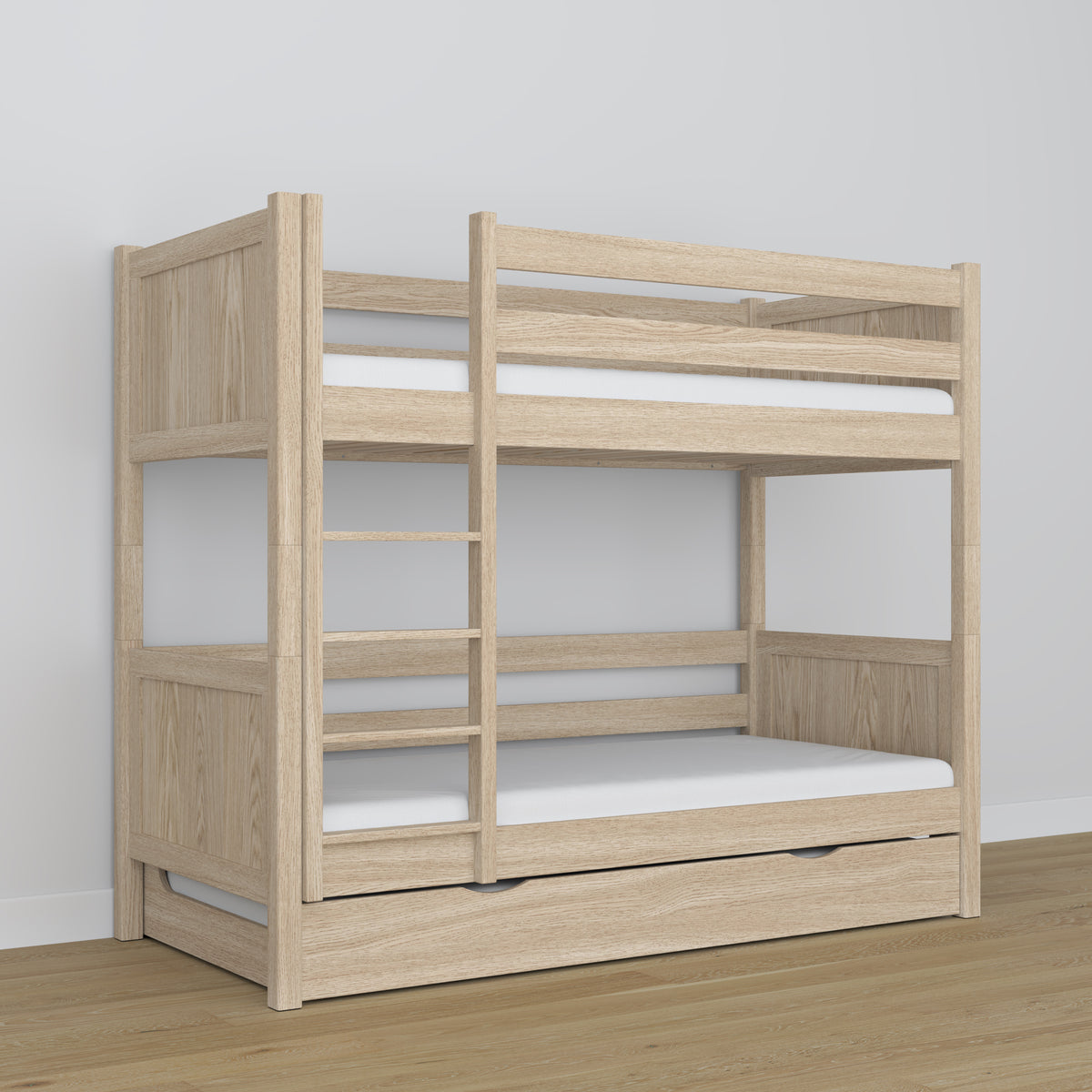 Etagenbett Eiche gebleicht aus Eichenholz – Innenraum der Matratzen-Schublade, Kinderzimmer