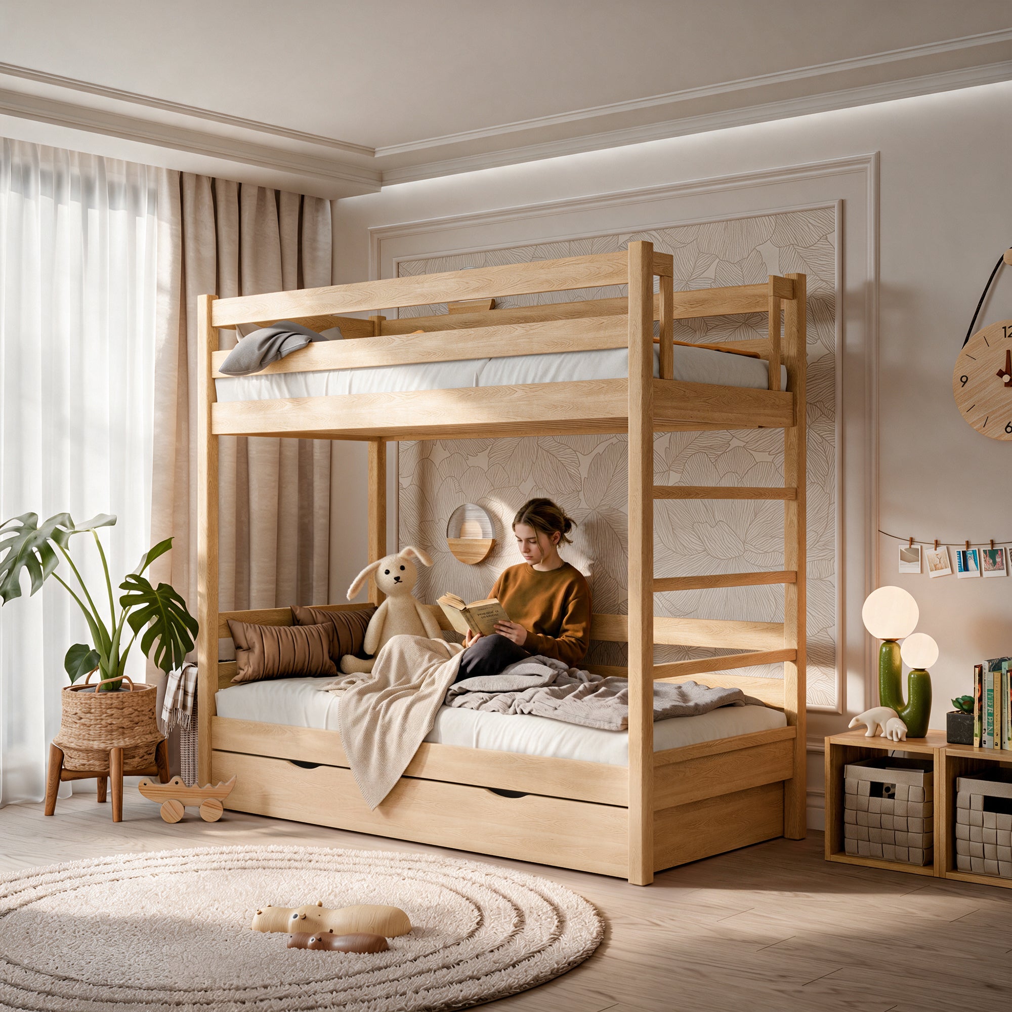 Eichen-Etagenbett mit Schublade N03 natürliche Eiche