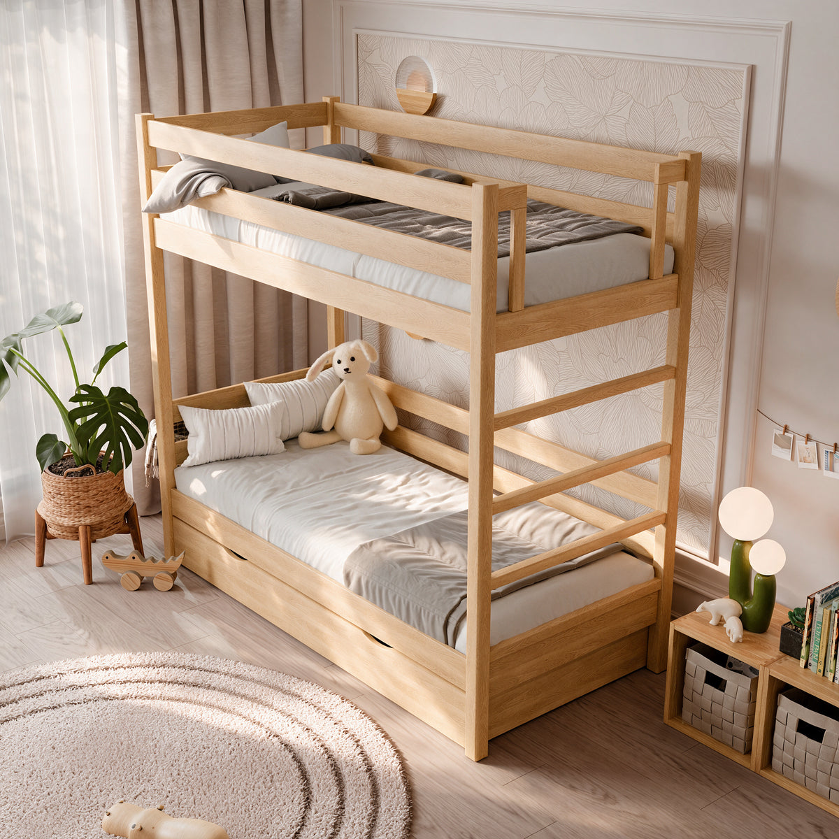 Eichen-Etagenbett mit Schublade N03 natürliche Eiche