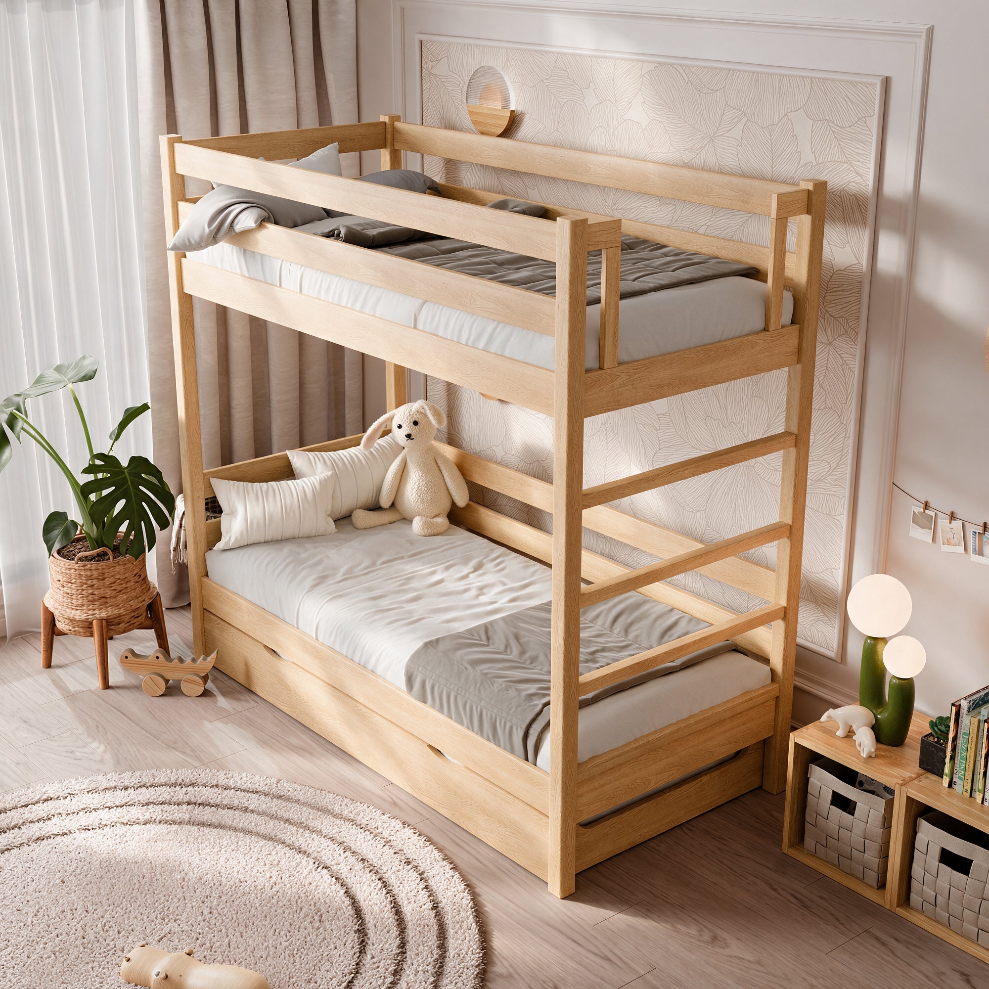 Eichen-Etagenbett mit Matratzenschublade N03 natürliche Eiche