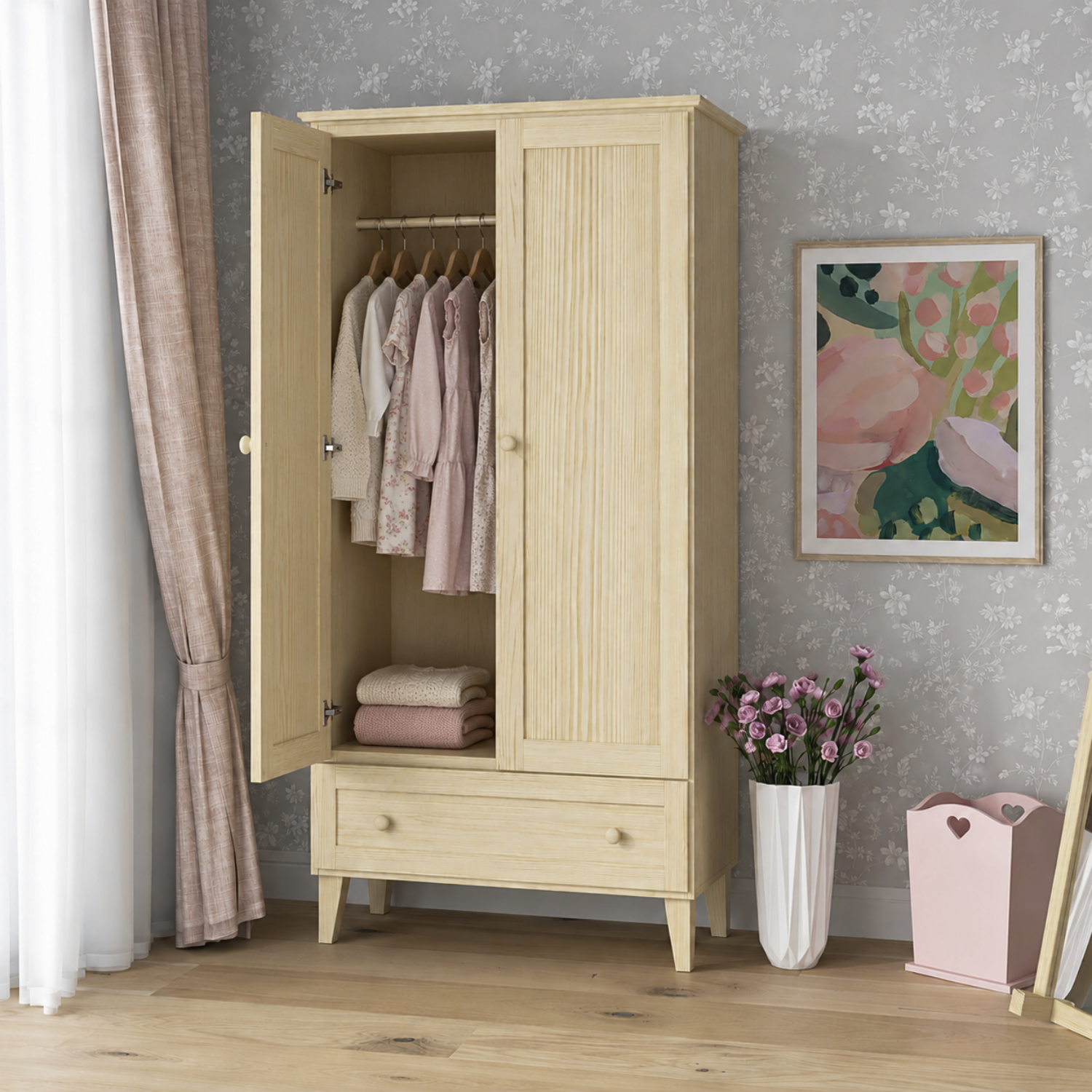 Kiefer Kleiderschrank 2D1S Scandi Kiefer farblos